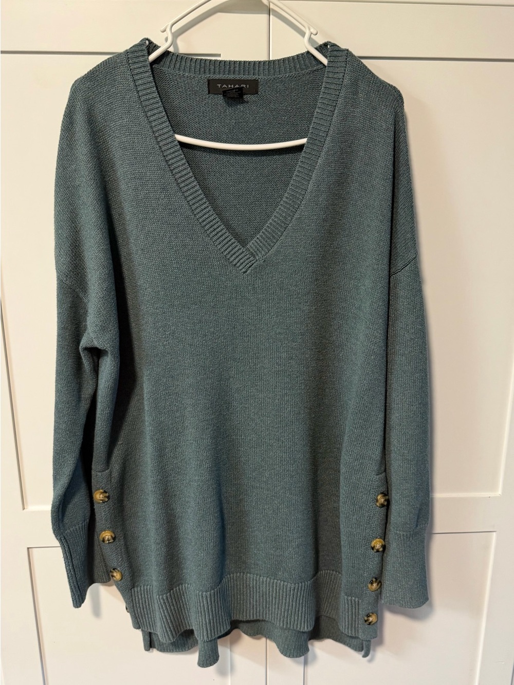 Tahari Cotton Blend Teal V-Neck Tunic with Side Button Detail